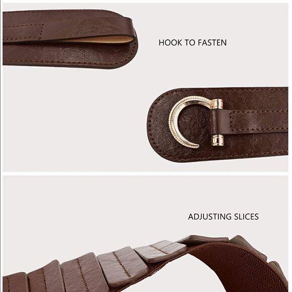 Wide Leather Belt Hook Buckle Wide Waist Stretch Dark Brown Belt - Picture 6 of 11